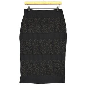 Bebe Womens Skirt L Black Lace Striped Pencil Midi Bodycon Goth Chic Coquette